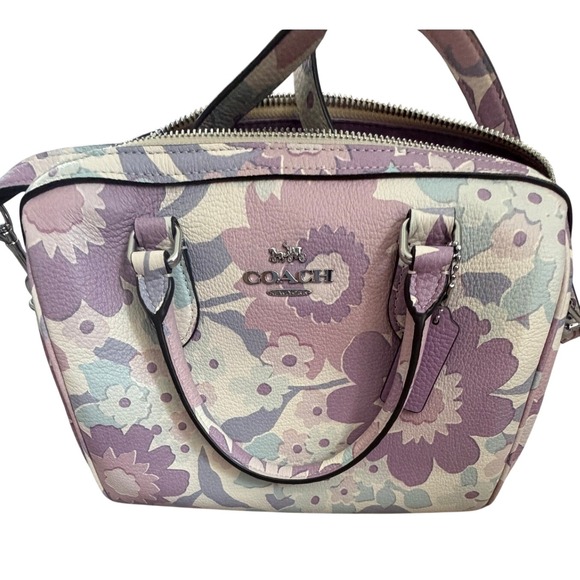 Coach Handbags - Coach Rowan Satchel Floral Print Pebble Leather Purple Multi Womens Handbag